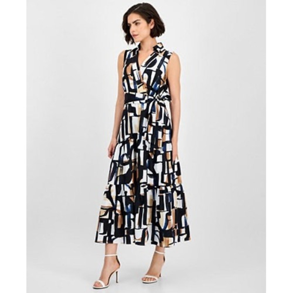 Tahari ASL Sleeveless Shirtdress Tiered Maxi Abstract Print Black Sand Blue 2
